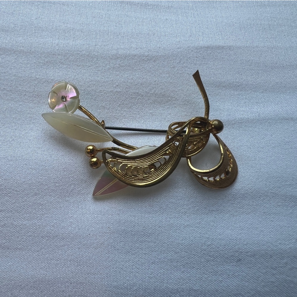 Vintage Continental Jewelry Mother of Pearl Filigree Flower Signed Brooch